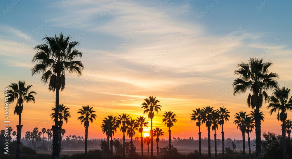 Obraz premium Tropical sunset with silhouetted palm trees and warm golden sky at beach horizon
