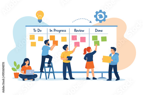 Team collaborating on a Kanban board for project management tasks.