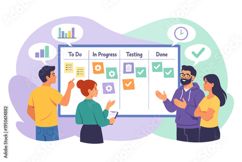 Team collaborating on a project management board.