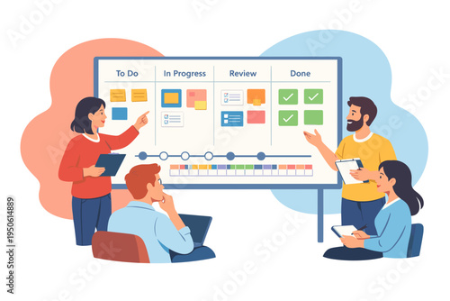 Team collaborating on project management board.