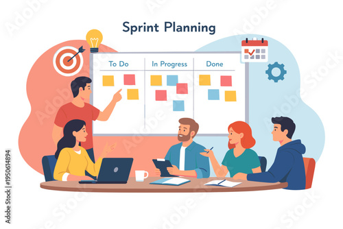 Team collaborating on sprint planning meeting around a table.