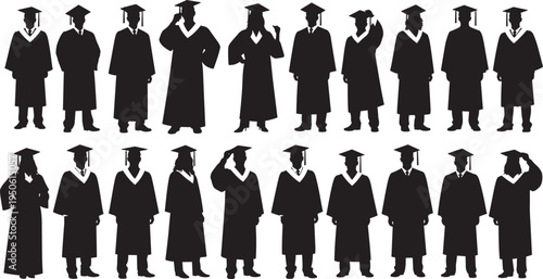 Collection of student silhouettes in graduation gowns and caps, academic achievement, university commencement, successful graduates, education milestone, and school ceremony.
