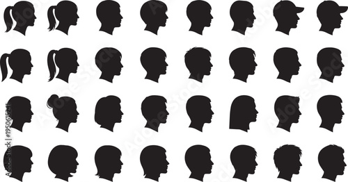 Set of Diverse Human Profile Silhouettes, Male and Female Head Avatars with Different Hairstyles, Side View Face Outlines for Social Media, Identity, and Personal Branding