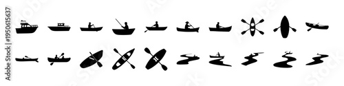 Boats and Watercraft Silhouettes Collection Set - Collection of watercraft silhouettes including boats, ships, and marine vessels, ideal for nautical themes, transport concepts, and ocean travel desig