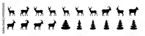 Deer and Pine Tree Silhouettes Nature Collection Set - Collection of deer silhouettes alongside pine trees, ideal for wildlife themes, forest landscapes, hunting concepts, and outdoor nature design pr