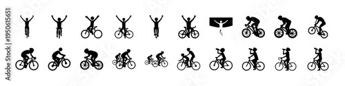 Cycling Activity Icons with Riders and Bicycle Set - Collection of cycling silhouettes featuring riders performing different activities and bicycle variations, ideal for sports, fitness, and active li