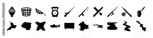 Fishing Gear and Angling Equipment Silhouette Icons - Black silhouette icon set of fishing gear including rods, nets, hooks, lures, and tackle used for sport fishing and outdoor recreation graphics.