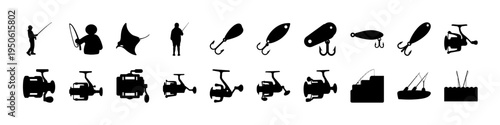 Construction Equipment and Worker Silhouette Icons - Black silhouette icon set of construction workers, tools, trucks, cranes, and heavy machinery representing building, engineering, and industrial wo