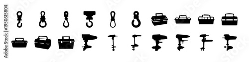 Vehicle Suspension and Shock Absorber Icons - Black silhouette icon set showing car suspension components including shock absorbers, coil springs, struts, and chassis parts for automotive engineering 