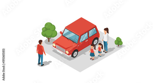 A loving family with a new red car, enjoying a sunny day outside, ready for adventures and memories