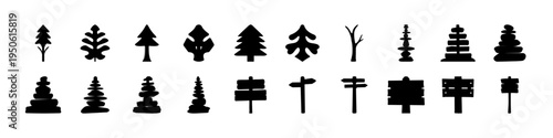 Tree Silhouette Icon Set with Different Species - Black silhouette collection of various tree shapes including pine, spruce, and deciduous trees, useful for forest, nature, and landscape design graphi