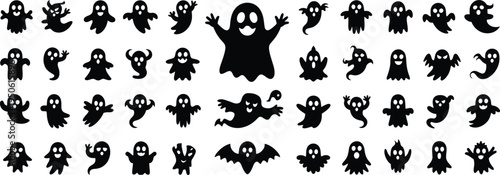 Halloween ghost silhouette collection, spooky cute ghost characters set, flying spirits icons, haunted cartoon ghosts, creepy Halloween elements vector illustration pack