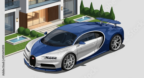 Isometric illustration of a luxury sports car parked in front of a modern mansion, showcasing advanced automotive design and an affluent lifestyle