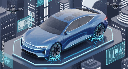 Futuristic electric car with solar panels in an isometric smart city, showcasing advanced urban technology, drones, and sustainable future transportation