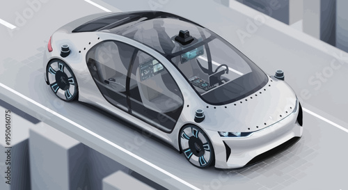 Futuristic Self-Driving Car Navigating Urban Environment An Isometric Conceptual Illustration of Autonomous Transportation Technology and Smart City Mobility