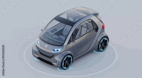 Isometric rendering of a futuristic compact electric city car concept, showcasing sustainable urban mobility with advanced design and eco-friendly features for modern city life