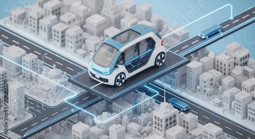 Futuristic autonomous electric car navigating an interconnected smart city network, illustrating advanced urban mobility and intelligent transport systems