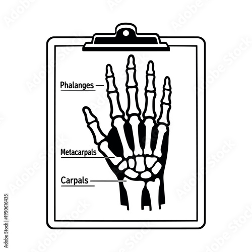 Hand bone structure presented on a clipboard, outlining phalanges, metacarpals, and carpals for medical illustration