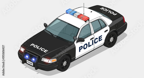 A black and white police car with flashing red and blue lights, depicted in a modern isometric illustration style