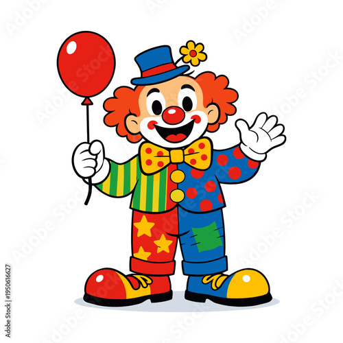 Cartoon happy clown character holding a red balloon, looking cheerful and welcoming. Perfect for children's entertainment