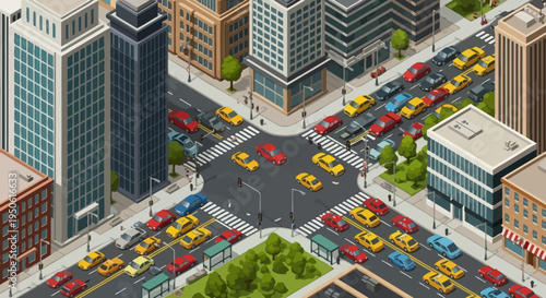 Isometric illustration of a busy city intersection with heavy traffic, showcasing urban congestion and the challenges of modern transportation and daily commuting in a city