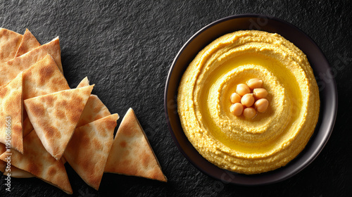 Hummus served with pita bread on dark slate background  