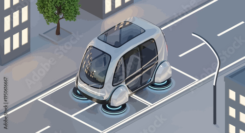 Futuristic autonomous vehicle navigating an urban landscape with modern buildings and street markings in an isometric perspective