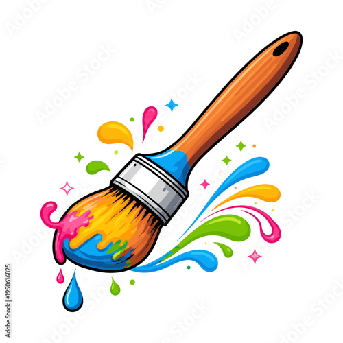 Wooden-handled paintbrush dipped in vibrant paint, leaving a trail of bold reds, blues, greens, and yellows