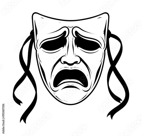 Tragedy mask portraying sorrow and desperation with ribbons, symbolizing theater, drama, and the muse Melpomene