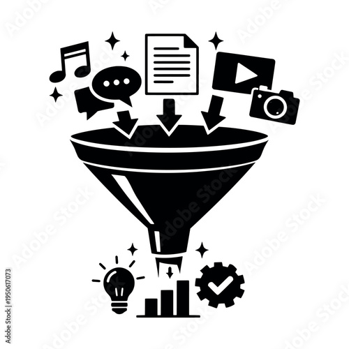 Marketing funnel icon illustrating the flow of diverse content types transforming into ideas and valuable data for business