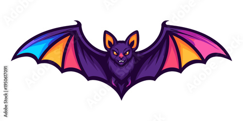 Scary flying bat mascot with fangs and stretched wings. Dynamic logo in purple, orange, blue, and pink colors