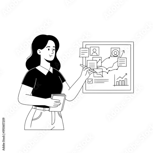Professional line art business presentation with strategy board or Illustration of a business strategy briefing with charts and notes