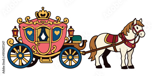 Horse pulling an ornate pink and gold princess carriage. Royal transportation with a crown, hearts, and lanterns for fantasy and childhood themes