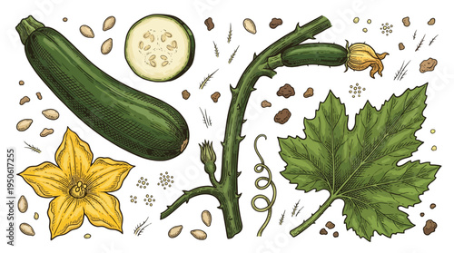 Vintage Botanical Zucchini Illustration Set with Flower, Leaf, Slice, and Seeds. Hand-Drawn Vector Courgette Graphic for Organic Food and Gardening Design.