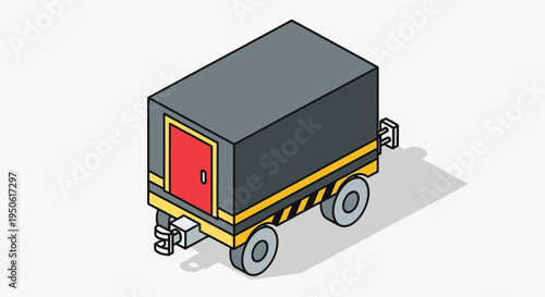 Detailed isometric vector illustration of a compact cargo trailer, perfect for logistics, transport, or industrial storage concepts. Features a unique 3D perspective with wheels and a door