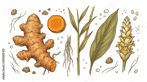 Vintage Botanical Vector Illustration of Turmeric Root, Slice, Leaf, and Flower; Hand-Drawn Curcuma Longa Set for Culinary and Medicinal Design Isolated on White Background