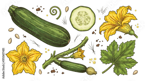 Botanical Vintage Zucchini Illustration Set with Yellow Flowers, Green Leaves, Seeds, and Slices Isolated on White. Hand Drawn Engraved Style Vector Graphics for Garden and Food Design.