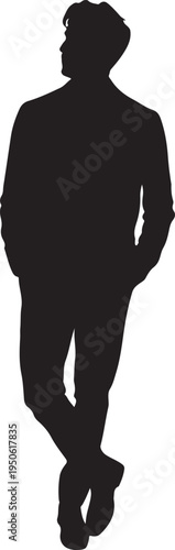 Silhouette of a person walking in a casual outfit with hands in pockets