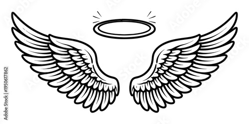 Angel wings with a glowing halo illustration, representing guardian, spirituality, and divine holiness