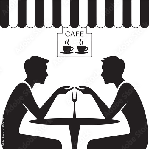 Two individuals engaging in conversation over coffee at a cafe.