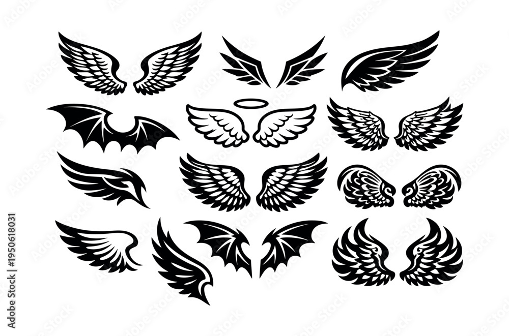 Obraz premium Stylized wing illustrations including angelic, feathered, and devil bat designs. Representing mythology, freedom, and spiritual themes