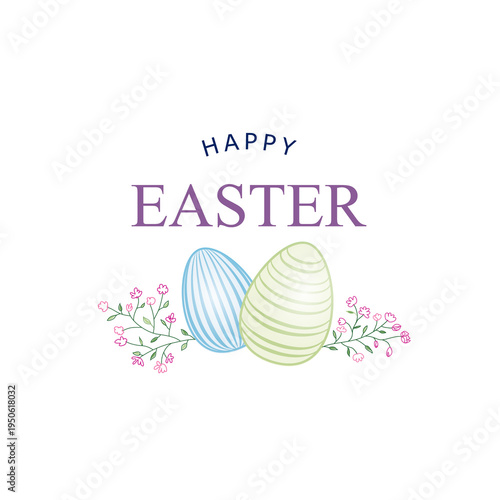Happy Easter greeting card. Easter holiday egg ornamental background. HAPPY EASTER lettering over line drawn Easter icons eggs