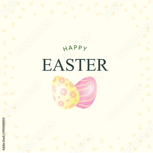 Happy Easter greeting card. Easter holiday egg ornamental background. HAPPY EASTER lettering over line drawn Easter icons eggs