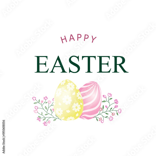 Happy Easter greeting card. Easter holiday egg ornamental background. HAPPY EASTER lettering over line drawn Easter icons eggs