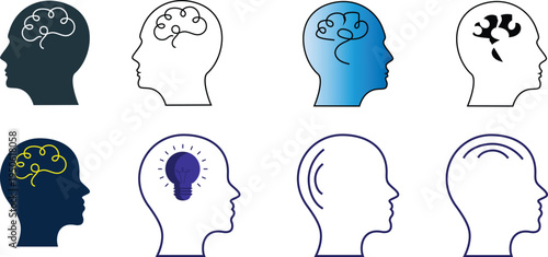 Set of 8 human head icons vector, thinking, ideas, mind
