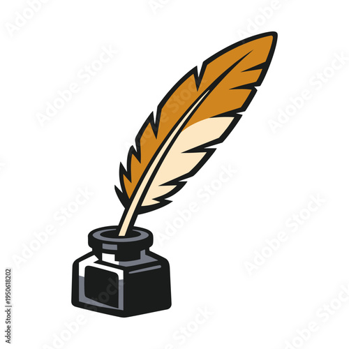 Quill pen feather dropping into an inkwell bottle, representing education, storytelling, journalism, and classical communication