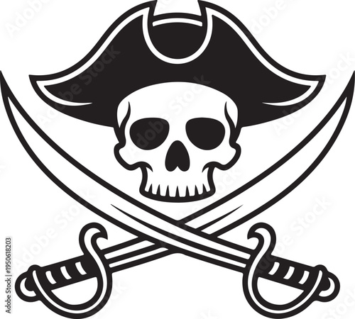 Classic pirate flag featuring a skull and crossed swords beneath a tricorn hat.