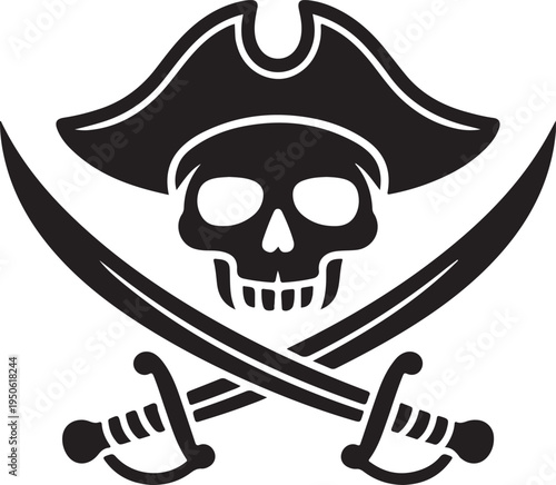 Classic pirate symbol featuring a skull, crossed swords, and tricorn hat