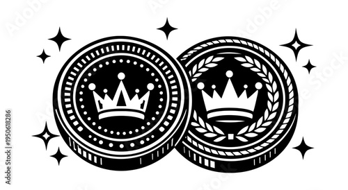 Crown coins symbolizing triumph, reward, prosperity, and premium quality, with scattered stars on a clean background