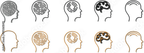 Set of 10 brain icons vector, human head silhouettes with thoughts